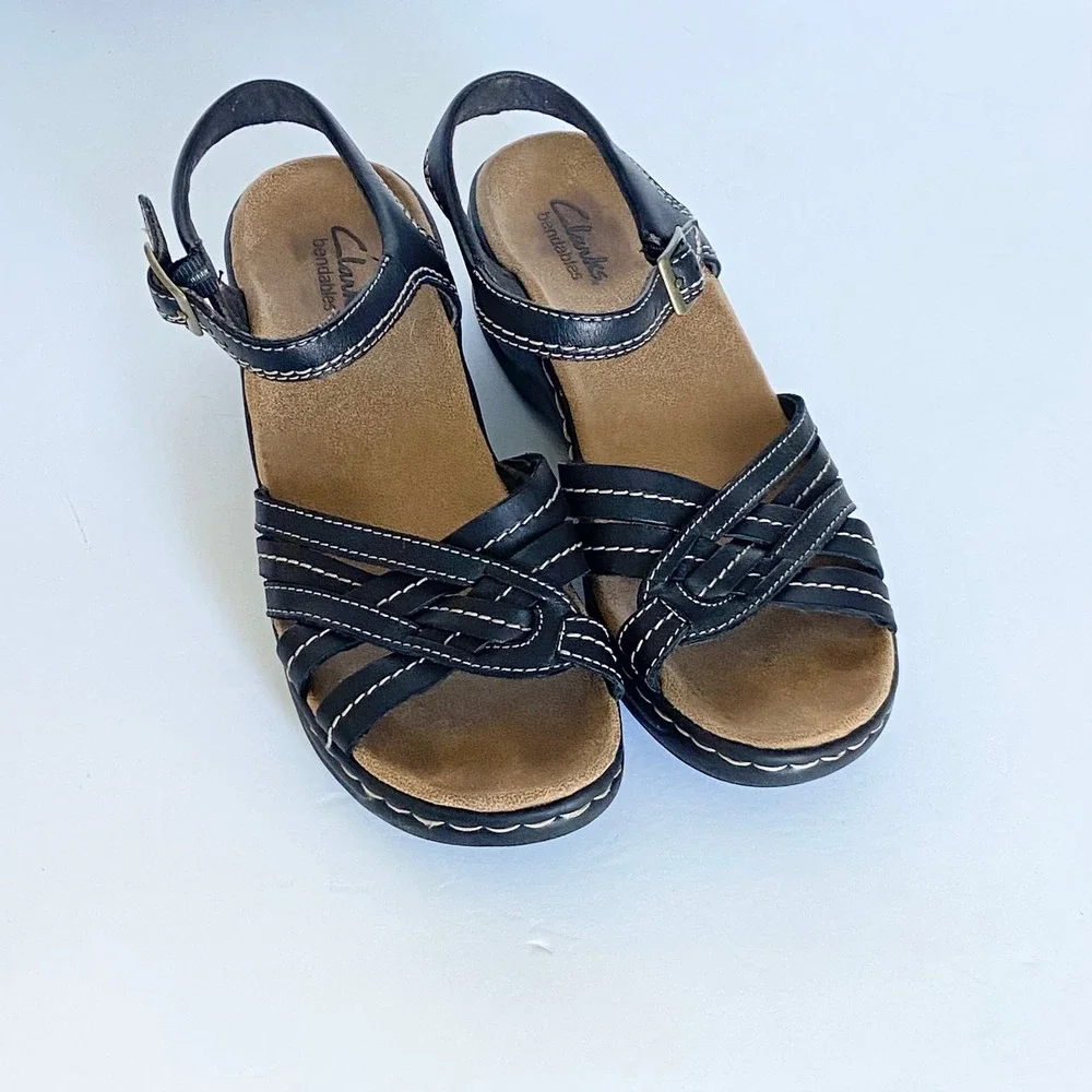 Clarks Bendables Black Leather Wedge Sandals Strappy Comfort 60233 Womens 7.5M